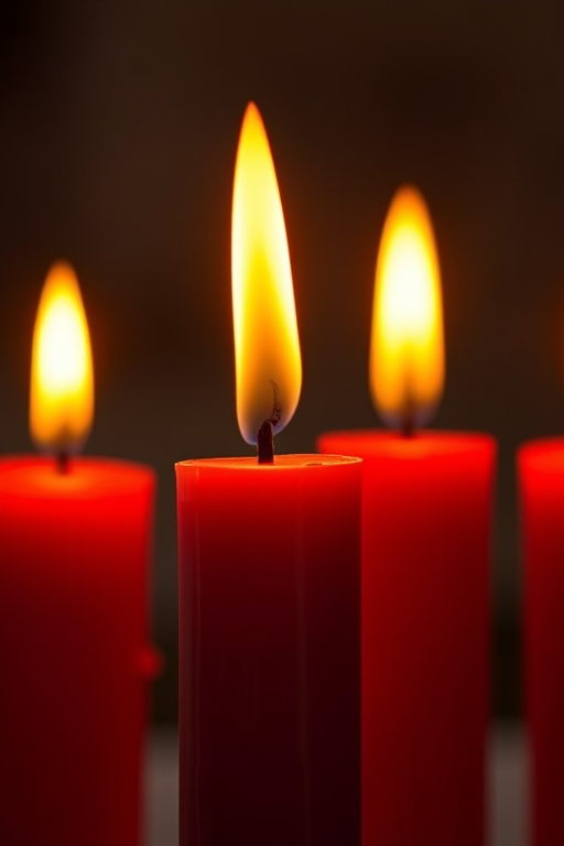 Create an image of four red candles with flickering flames, shot in a close-up view using a DSLR camera, aperture f/2.8 for a shallow depth of field, ISO 100 for minimal noise, and a warm white balance for a cozy atmosphere.