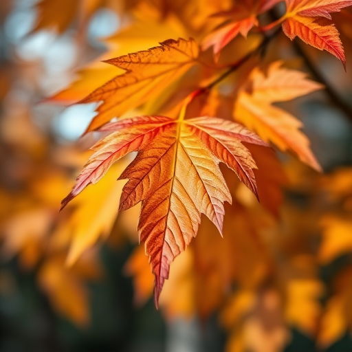 Capture a close-up of autumn leaves with a shallow depth of field, using a 50mm lens, aperture set to f/1.8, ISO 200, with soft natural lighting, in landscape orientation on a DSLR camera.