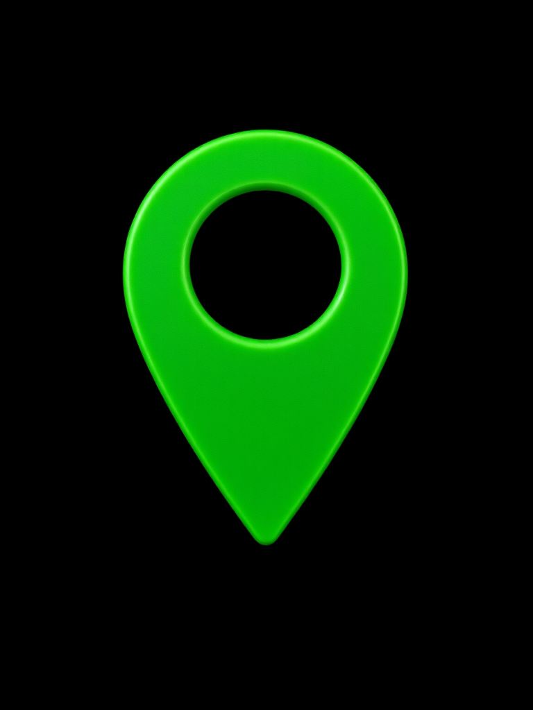 Create a high-resolution image of a green location pin icon on a black background, using a DSLR camera with a 50mm lens, aperture at f/1.8, ISO 100, and a focus on vibrant colors to enhance clarity and detail.