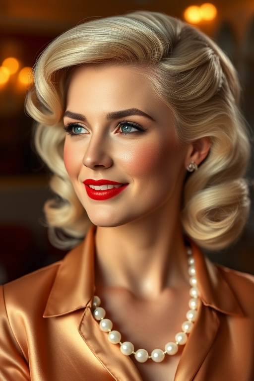 A beautiful Metis woman reminiscent of 1950s Hollywood glamour, with perfectly styled blonde hair and a seductive smile, dressed in a satin blouse and adorned with pearls, soft and warm tones, photorealistic, 8K