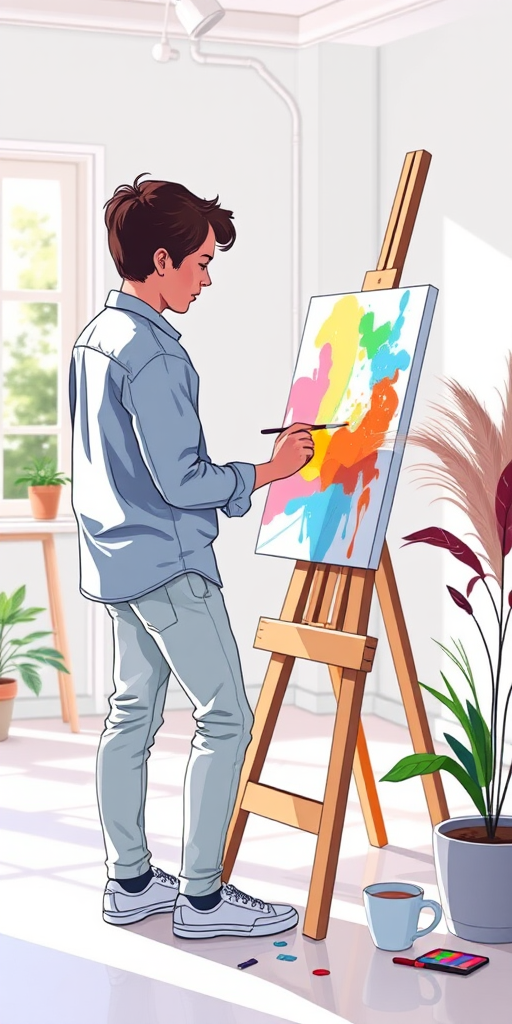 Create an illustration of a person painting on an easel, using vibrant colors, captured with a Canon EOS R5, 50mm lens, f/2.8, ISO 100, in a bright and airy studio setting.