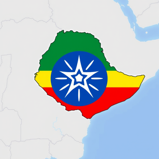 Create a high-resolution image of the map of Ethiopia with a circular blue emblem featuring a white star and rays, display the green, yellow, and red colors of the Ethiopian flag integrated into the map outline, use a DSLR camera type with a focal length of 50mm, aperture set to f/8, ISO 100, and a landscape orientation for enhanced clarity and detail.