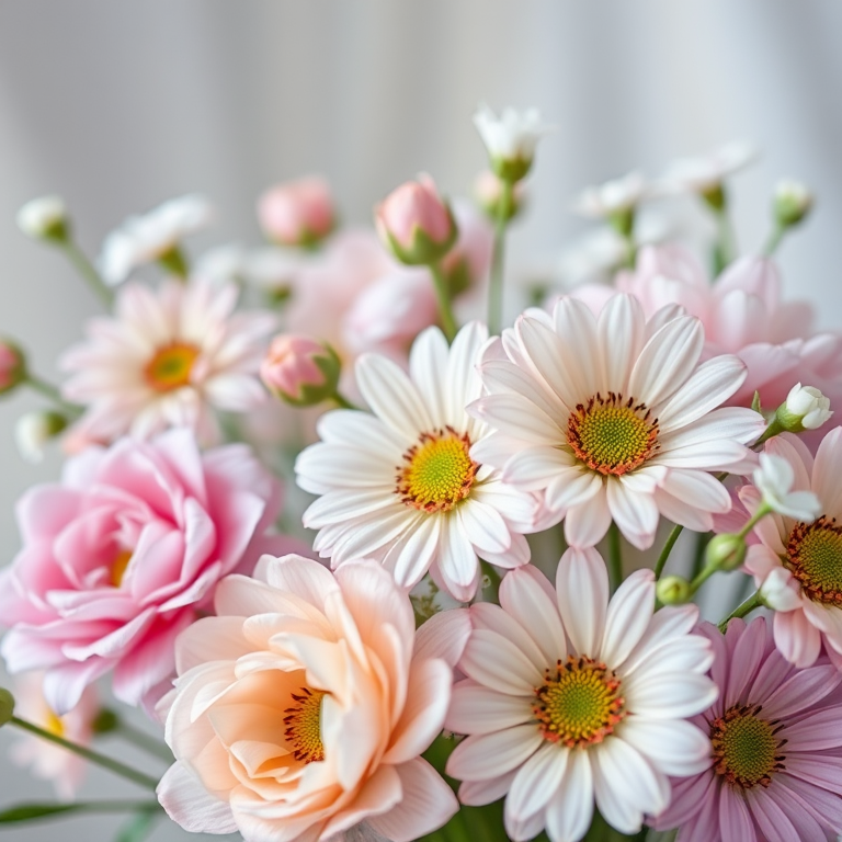 floral arrangement with delicate pastel colors, soft focus background, light bokeh effect, using a Canon EOS R5, 85mm lens, aperture f/1.8, ISO 100, natural light, macro photography style, high-resolution.