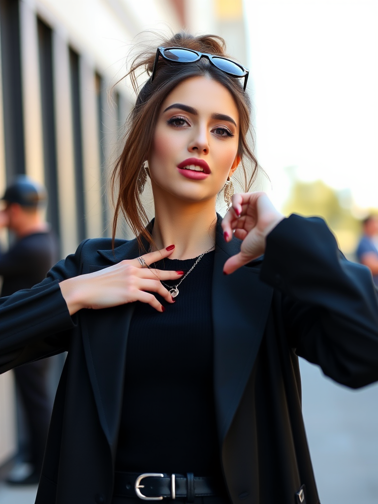 Generate a high-resolution image of a stylish, fashionable female model posing in a playful manner, with a soft-focus background; use a 50mm lens at f/1.8 for a shallow depth of field, ISO 100, and a shutter speed of 1/125s, shot in natural light on a DSLR camera.