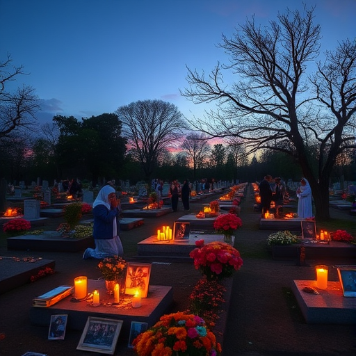 A peaceful scene honoring All Souls' Day, set in a quiet cemetery at dusk. Candles glow warmly atop graves, illuminating offerings of marigold flowers, photographs, and personal mementos left by families. The soft light of the setting sun casts long shadows across rows of gravestones and blooming flowers. Trees with bare branches stand solemnly, adding a serene, reflective mood. Some visitors, dressed in modest attire, are seen kneeling or standing in prayer, holding candles or placing flowers. The sky is a deepening twilight blue with hints of pink and purple. A sense of calm, respect, and remembrance permeates the scene.