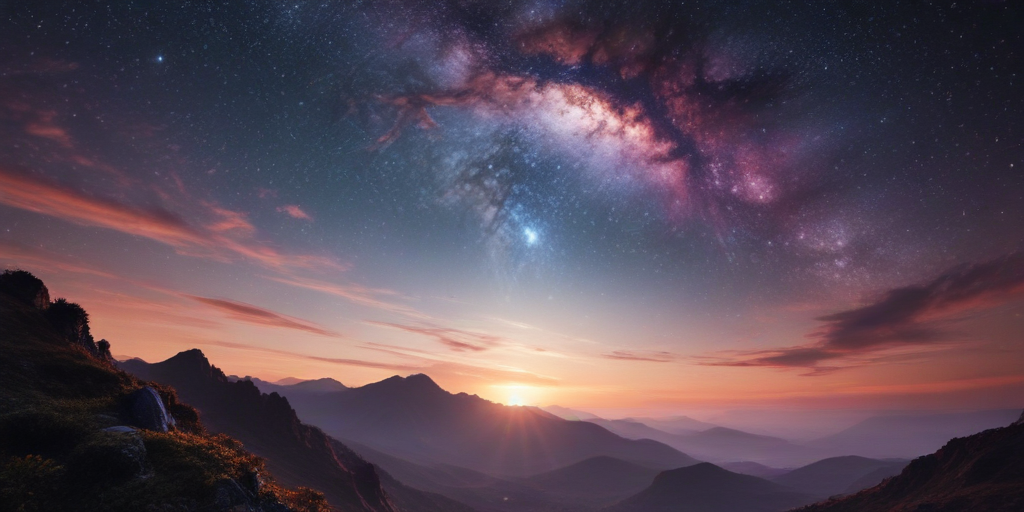 Stunning Cosmic Landscape: Majestic Mountains Under a Starry Night Sky