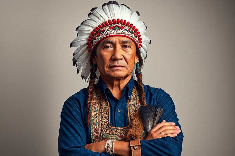 Create a dignified portrait of a Native American man dressed in traditional attire. He wears a beautifully crafted headdress adorned with white feathers and red beads, along with a beaded headband featuring intricate patterns. His clothing includes a deep blue, patterned shirt and a traditional chest piece with detailed beadwork. His arms are crossed, displaying leather armbands decorated with feathers. The background is simple and neutral, emphasizing his proud and stoic expression. The overall image captures the rich cultural heritage and strength of his persona.