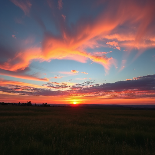 Generate a high-resolution image of a serene landscape at sunset with vibrant colors in the sky, captured with a Canon EOS R5, 24mm lens, f/8 aperture, ISO 100, 1/100s shutter speed, using a wide-angle view to enhance the depth and detail of the scene.