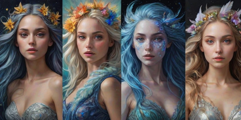 Create a series of imaginative portraits where each subject is infused with elements of fantasy and nature. The hair of the individuals should flow like clouds, varying from soft, fluffy cumulus to wispy cirrus strands, with hints of color reflecting a sunset or a clear blue sky. The eyes should be windows to entire galaxies, with stars, nebulae, and distant planets visible within them. Clothing should be adorned with nature motifs, such as floral patterns that bloom and change, vines that seem to grow and wrap around, or feathers that shimmer with iridescence. Each portrait should capture a unique personality, blending human features with the ethereal beauty of the natural and cosmic world. The backgrounds can vary, from starry night skies to enchanted forests, adding depth and context to the magical realism of the portraits