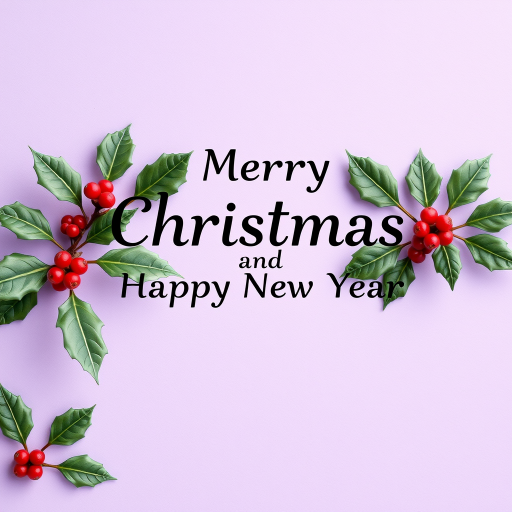 Create a Christmas greeting card with the text "Merry Christmas and Happy New Year" prominently displayed, using a soft purple background, detailed illustrations of holly leaves, captured with a DSLR camera at f/2.8, ISO 100, 50mm lens, in soft natural light for enhanced image quality.