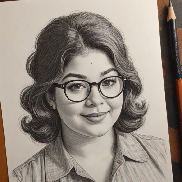 Bewitching Raini Rodriguez, pencil sketch, portrait of Elegant woman 1967s in glasses, hair style beatnik, outline, clear lines, fine lines, 8k