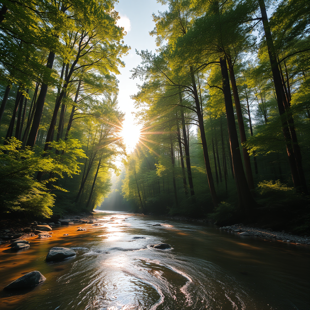 Create an image of a serene, sunlit forest scene with a clear, gently flowing river. Tall trees with lush green foliage line both sides of the river, their leaves bathed in the warm golden light of the setting or rising sun. The sunlight filters through the trees, casting soft, dappled light on the river, which flows over smooth rocks and pebbles, creating a peaceful, natural atmosphere. The sky is bright with a few scattered clouds, and the overall mood is tranquil, evoking a deep sense of connection with nature. The image captures the beauty of a calm, pristine forest landscape at either dawn or dusk.
