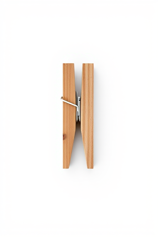 Create a high-quality image of a wooden clothespin on a white background, using a DSLR camera, Aperture f/4, ISO 100, shutter speed 1/200s, focal length 50mm, in natural light with a soft focus effect.