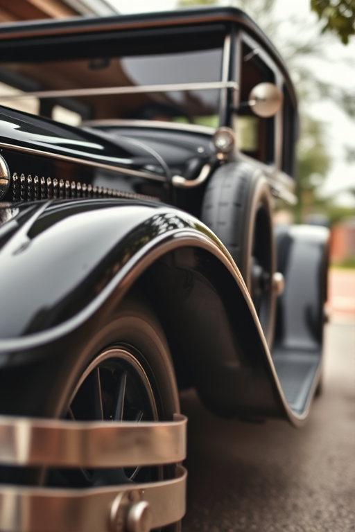 vintage black automobile, 1920s style, high resolution, 50mm lens, f/2.8 aperture, ISO 100, natural light, low angle view, DSLR camera, sharp focus on vehicle details, soft background blur