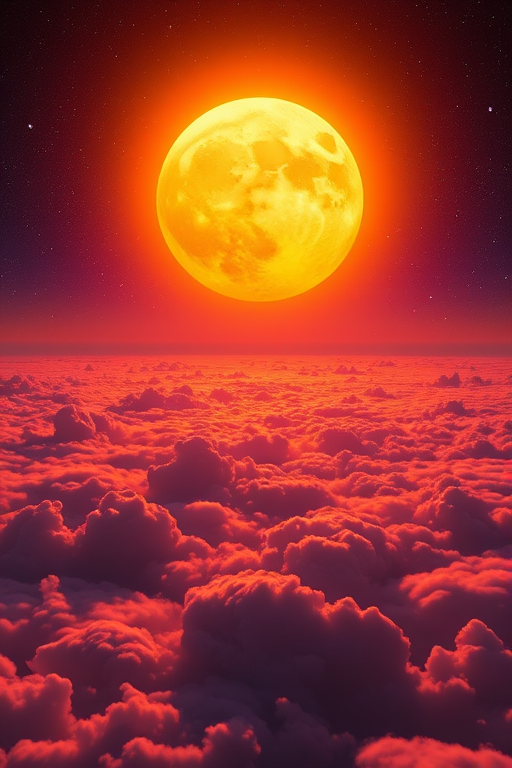 Create a vibrant cosmic landscape with a large, radiant sun setting over a sea of clouds, featuring distant planets in the background, using a full-frame camera, 24mm lens, aperture f/8, ISO 100, and a golden hour lighting to enhance colors and details.