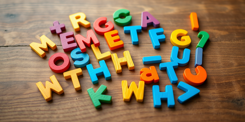 Colorful wooden alphabet letters scattered on a wooden surface, shot with a Canon EOS R5, 50mm lens, f/2.8 aperture, ISO 100, natural light for enhanced clarity and detail.