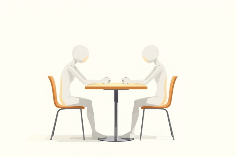 Create an illustration of two abstract figures sitting across from each other at a table in a minimalist style with a clean background, using a high-resolution digital format, shot in a 50mm lens, f/2.8 aperture, with soft lighting to enhance shadows and depth.