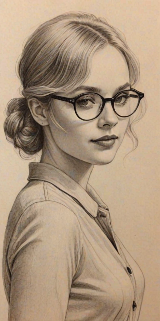 Fascinating Natalie Alyn Lind, pencil sketch, portrait of Splendid woman 1925s in glasses, hair style beatnik, outline, clear lines, fine lines, 8k