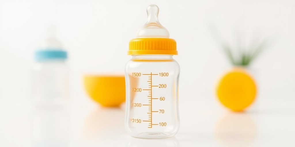 Create a high-resolution image of a baby bottle with a yellow nipple, clear plastic body, and measurement markings in a bright and clean setting, using a DSLR camera with a 50mm lens, aperture f/2.8, ISO 100, and 1/125s shutter speed, frontal view with soft lighting.