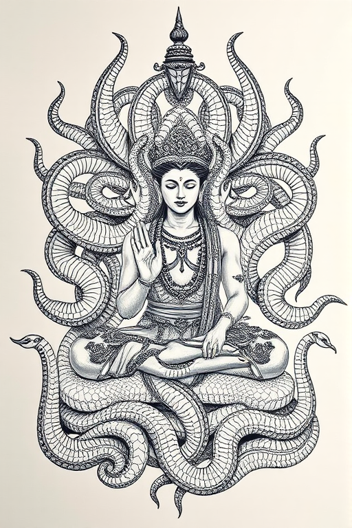 Create a highly detailed ink drawing of a meditative figure surrounded by multi-headed serpents, focusing on intricate patterns and textures, using a Canon EOS-1D X Mark III with a 50mm f/1.2 lens, aperture set to f/8, ISO 100, in a symmetrical composition, with a soft diffused lighting effect to enhance clarity and contrast.