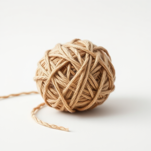 A close-up shot of a ball of jute twine on a smooth white background, taken with a Canon EOS R6, f/2.8 aperture, ISO 100, 50mm lens, natural light to enhance texture and detail.