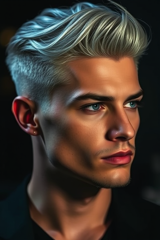 Elegant close-up of a man sporting Moonlit Silver hair, a sleek undercut with long, swept-back strands on top, shimmering with a metallic sheen in dim lighting
