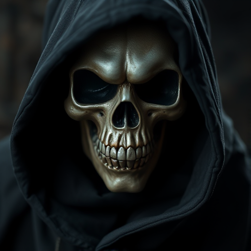 Generate a high-resolution image of a menacing skull figure in a dark hooded cloak, emphasizing intricate details in a gothic style, captured with a DSLR camera at f/2.8, ISO 100, 50mm lens, with soft dramatic lighting and a shallow depth of field to enhance contrast and texture.