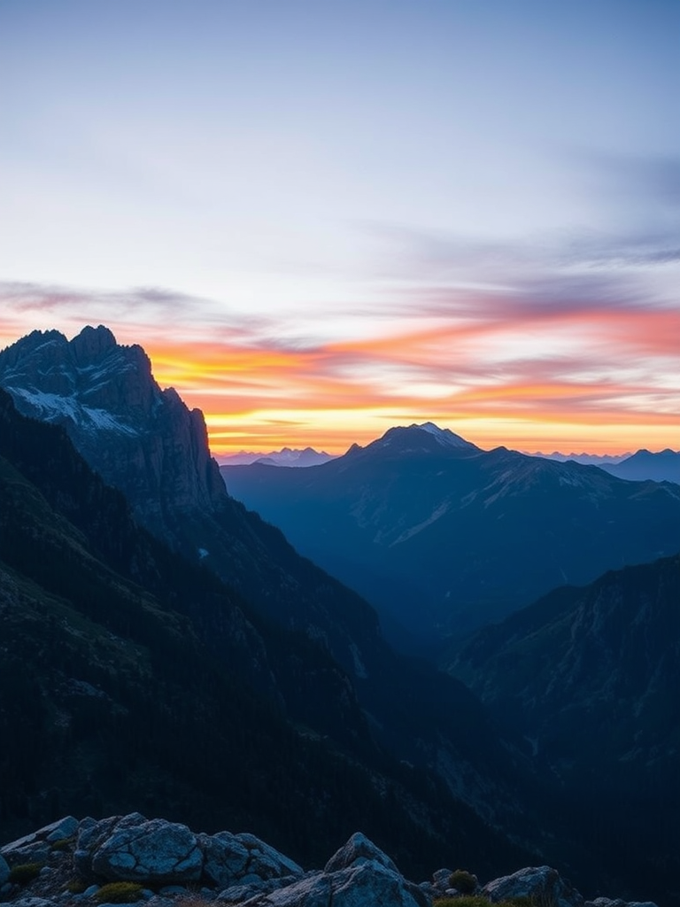 Capture a breathtaking mountain landscape at sunrise with a Canon EOS R5, 24mm lens, f/8 aperture, ISO 100, 1/125 sec exposure, wide-angle view, high dynamic range for vibrant colors and details in the foreground and background.