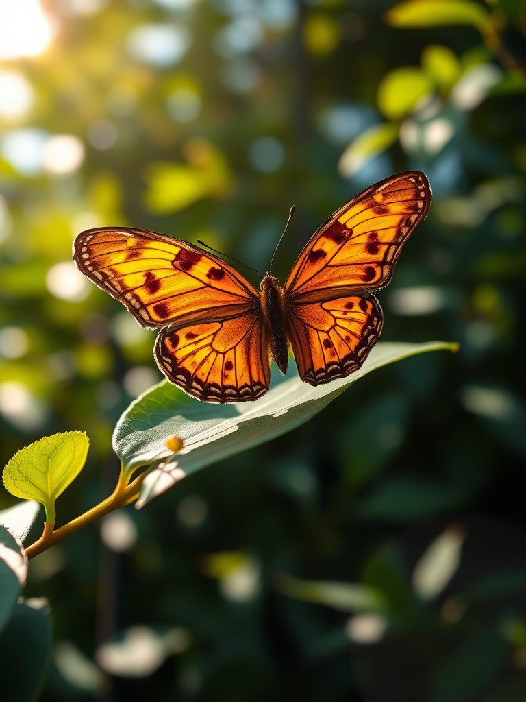 Generate an image of a butterfly perched on a green leaf, surrounded by soft sunlight filtering through the foliage. The butterfly should have intricate patterns on its wings with shades of orange and brown, showcasing its delicate beauty in a natural setting. The background should be slightly blurred to emphasize the butterfly and give a serene, peaceful atmosphere.