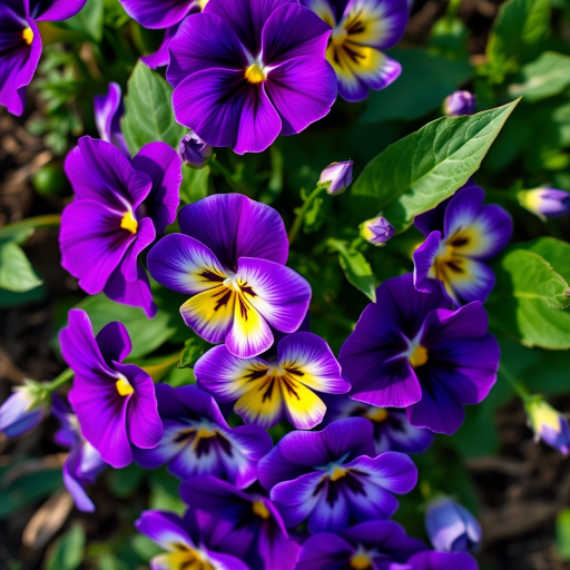 Generate a high-quality image of a vibrant cluster of purple pansies with intricate detail, using a Canon EOS R6 camera, ISO 100, f/2.8 aperture, 50mm lens, shot from a top-down view with natural lighting to enhance color saturation and contrast.