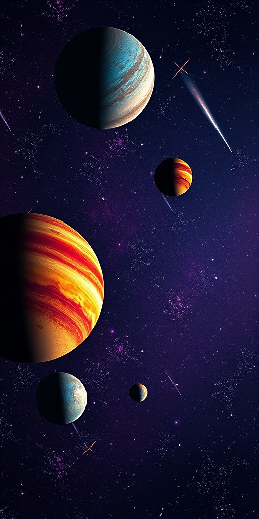 Create a vivid space scene featuring colorful planets, twinkling stars, and a comet streaking through a dark purple background, captured with a DSLR camera at f/8 aperture, ISO 200, 24mm focal length, with a wide-angle view for enhanced depth and clarity.