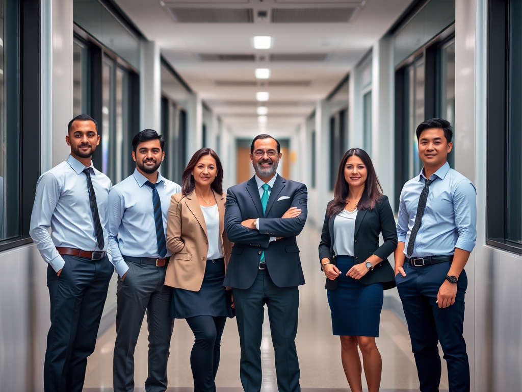 Generate a high-resolution professional group portrait of five individuals dressed in business attire standing confidently in a modern office corridor, using a Canon EOS R5 with a 50mm f/1.2 lens, shot at f/2.8, ISO 100, shutter speed 1/125s, natural soft lighting, and a shallow depth of field for a blurred background.