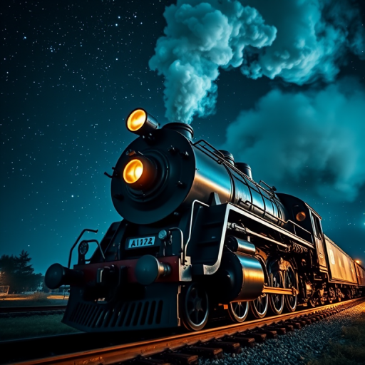 Create a digital artwork of a vintage steam locomotive surrounded by a starry night sky with shimmering light effects, using a Canon EOS R5 camera with an f/1.8 aperture, ISO 100, and 50mm lens, capturing a low-angle view to emphasize the train's details against a sparkling background.