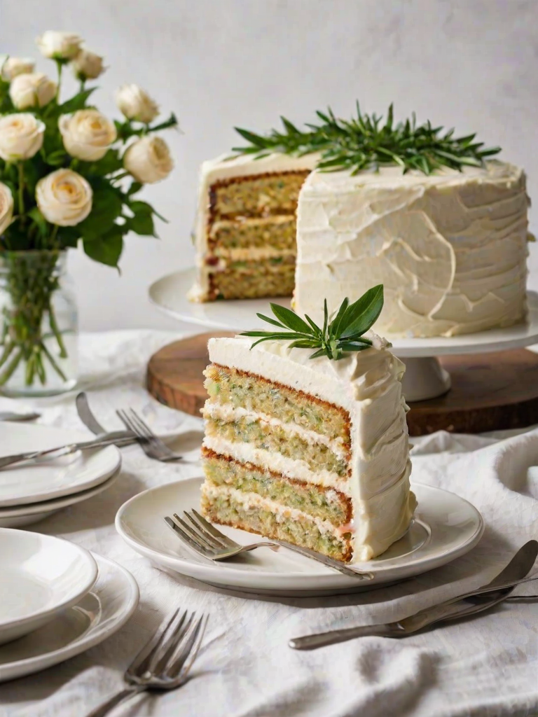 Create an image of a layered cake with cream frosting. The cake should have a slice cut out, revealing its interior. Place the cake on a white plate, with a soft, textured tablecloth underneath. Include a small bowl of frosting and a fork nearby. Add a simple, elegant vase with greenery in the background to enhance the setting.