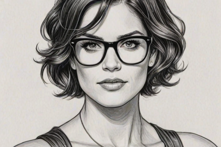 Dazzling Missy Peregrym, pencil sketch, portrait of Graceful woman 1925s in glasses, hair style beatnik, outline, clear lines, fine lines, 8k
