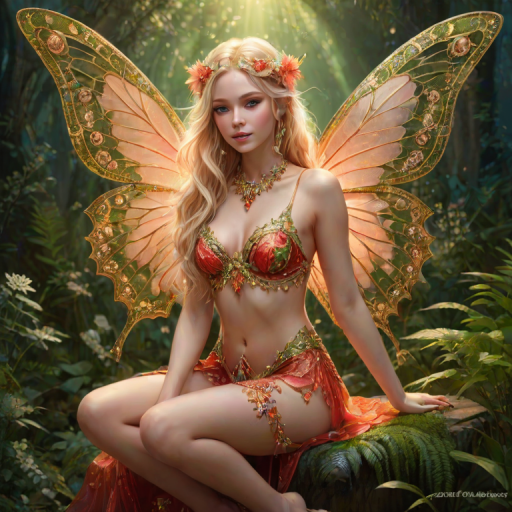 A digital artwork features a winged fairy with delicate Salmon butterfly wings, adorned with intricate Juniper andFern patterns. She is seated on a vibrant Lime flower, wearing a revealing red two-piece outfit with sparkling beadwork. Her fair skin, long blonde hair, and gold jewelry add to her ethereal appearance. The background is a warm, golden gradient, creating a magical atmosphere. Small glowing orbs and sparkles surround the flower, enhancing the enchanting, highly detailed, and realistic scene.