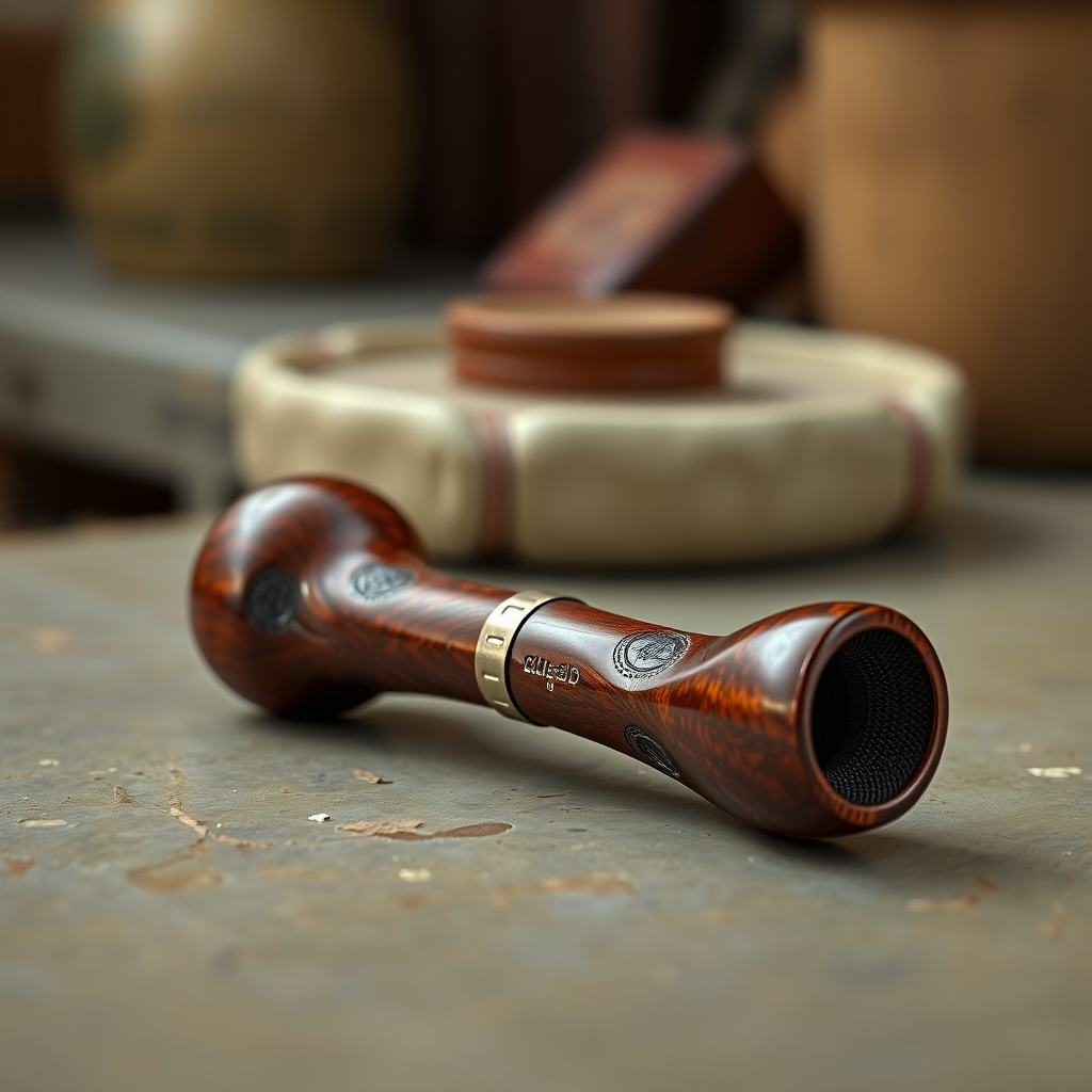 Create a detailed, realistic illustration of a classic pipe resting on a surface, using a DSLR camera with a 50mm lens, aperture set at f/1.8, ISO 100, natural lighting, and a shallow depth of field for enhanced focus on textures.
