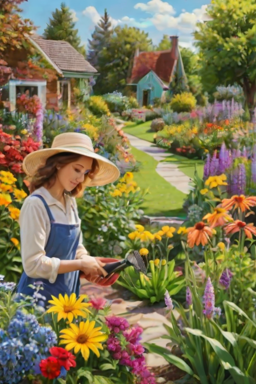 Beautiful garden in full bloom, with a variety of flowers and plants, a woman tending to the garden with a watering can, surrounded by vibrant colors and buzzing bees.