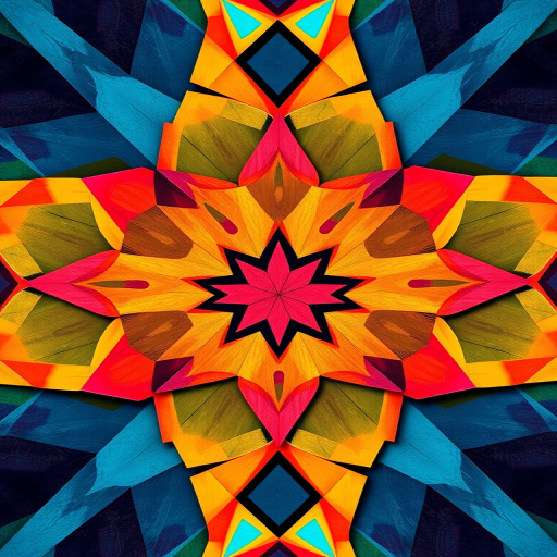 Create a high-resolution abstract geometric pattern with vibrant colors and sharp edges, using a DSLR camera with a 50mm lens, f/1.8 aperture, ISO 100, and a shallow depth of field, shot from a top-down view in natural light.