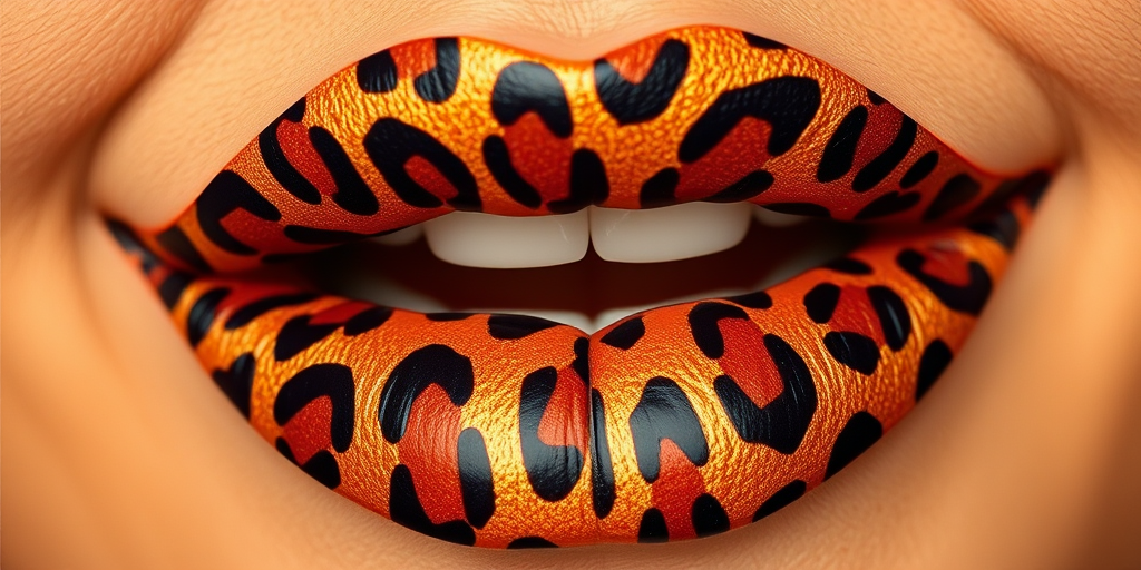 Fierce leopard print lips feature a bold animal pattern in warm golden and chocolate tones, making a statement with their unique and daring design