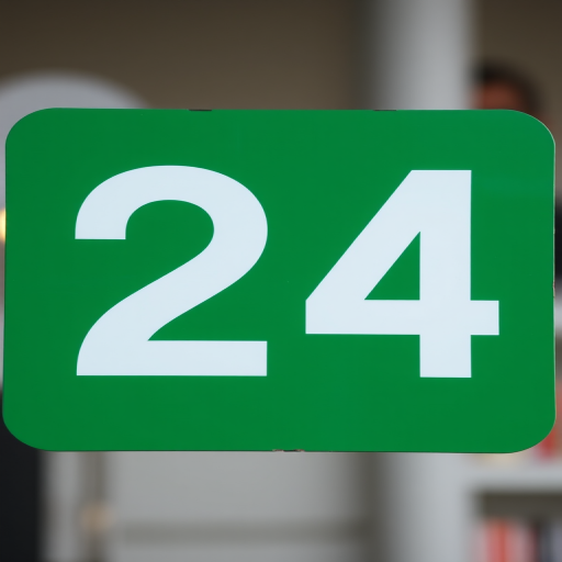 Create a high-resolution image of a green rectangular sign with the number 24 prominently displayed in white, using a Canon EOS 5D Mark IV with a 50mm lens, aperture set to f/1.8, ISO 100, and a shallow depth of field for a clean background.