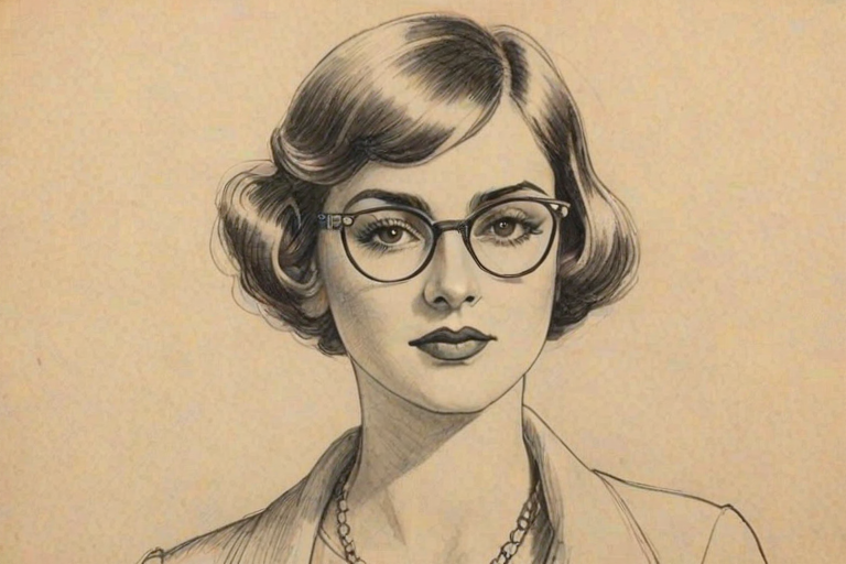 Lovely Nessa Barrett, pencil sketch, portrait of Superb woman 1927s in glasses, hair style beatnik, outline, clear lines, fine lines, 8k