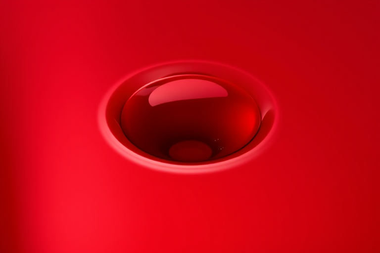Generate a hyper-realistic image of a single red drop of liquid with a glossy finish, captured with a Canon EOS R5 camera, 85mm lens, aperture f/1.4, ISO 100, at a 45-degree angle to highlight reflections and shadows.