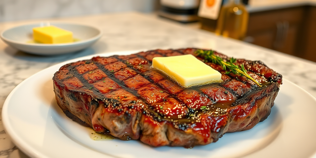 Create an image of a perfectly seared ribeye steak, resting on a white plate with a pat of melting butter on top. The steak is seasoned with fresh herbs like thyme and parsley, with glistening juices highlighting the texture of the meat. The background features a soft focus on a light, marble countertop, with a small dish of butter and an olive oil bottle in the distance. The overall mood should be warm and inviting, capturing the deliciousness and juiciness of the steak.