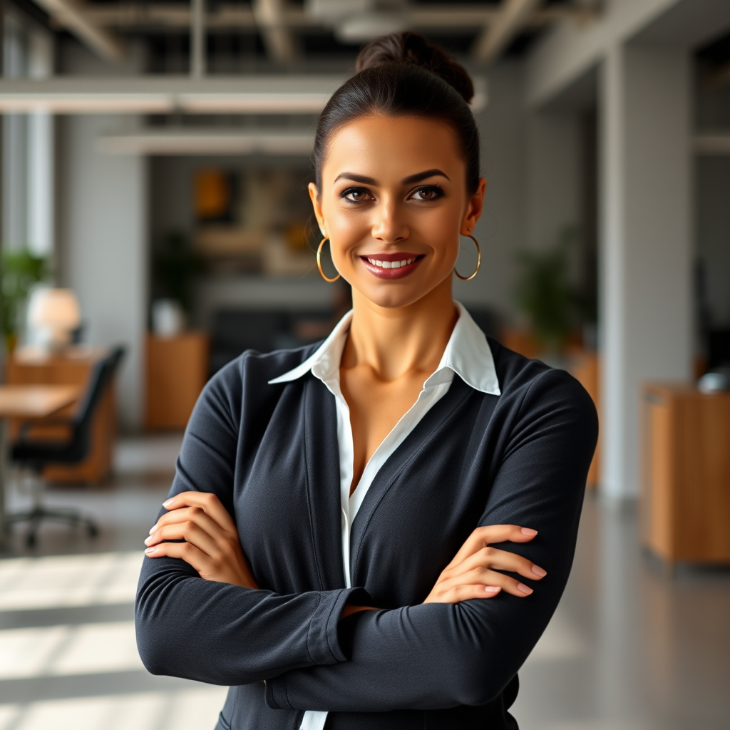 portrait of a confident woman with crossed arms standing in an office environment, natural light, f/2.8, 1/60s, ISO 200, 50mm lens, shallow depth of field, soft focus background, high resolution, Canon EOS R5