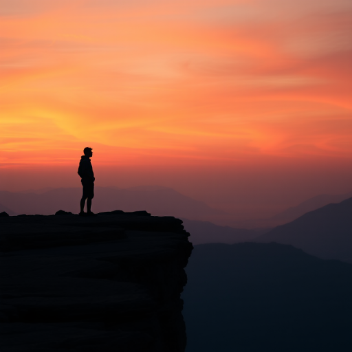 Capture a high-resolution image of a silhouette of a person standing on a cliff during sunset, using a full-frame DSLR camera, aperture set to f/2.8, ISO 100, shutter speed 1/200s, with a wide-angle lens at 24mm, shot from a low angle to emphasize the silhouette against the colorful sky.