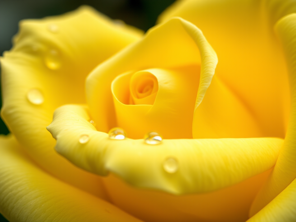 A close-up shot of a yellow rose with water droplets, captured with a DSLR camera at f/2.8 aperture, ISO 100, 1/200 sec shutter speed, natural soft lighting, using a macro lens for enhanced detail and clarity.