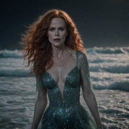 Bewitching image of Nicole Kidman, Big Little Lies star, with her porcelain skin and cascading red curls, emerging from misty waves in a sheer, iridescent gown, on a moonlit beach dotted with bioluminescent algae