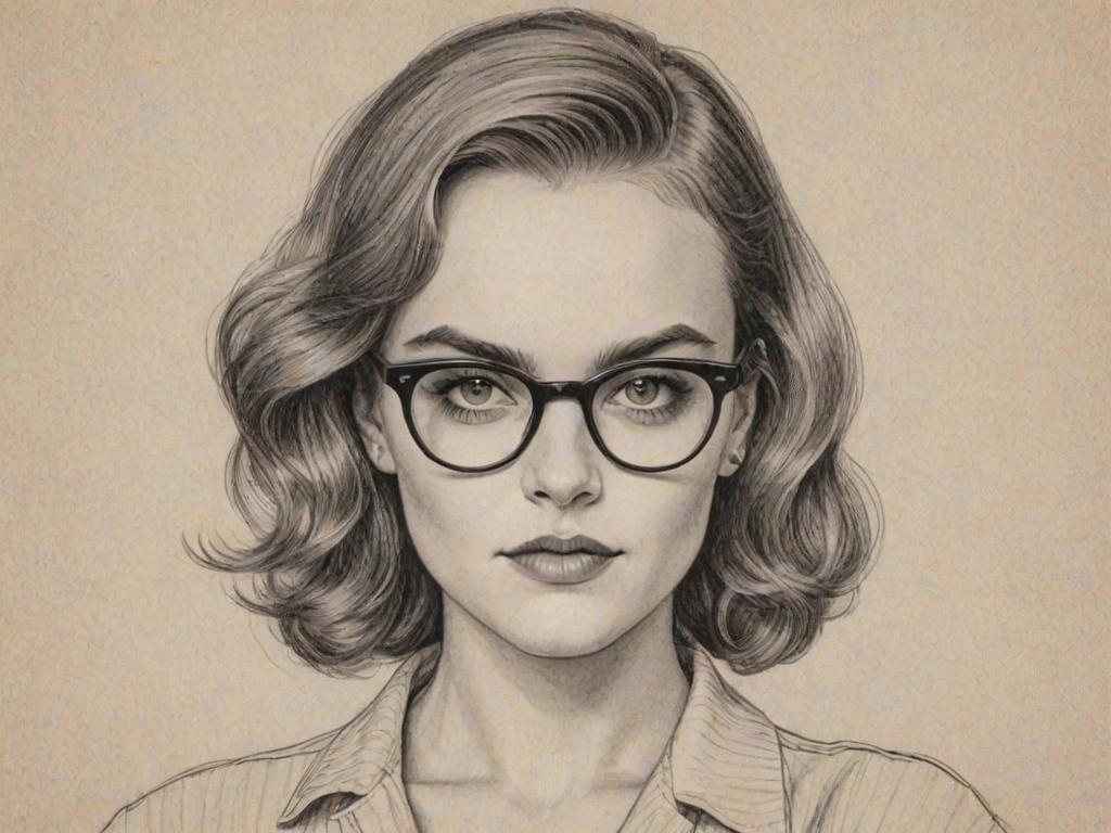 Bewitching Madeline Brewer, pencil sketch, portrait of Fetching woman 1956s in glasses, hair style beatnik, outline, clear lines, fine lines, 8k