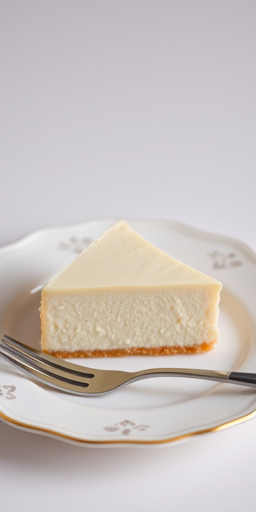 A slice of creamy cheesecake on a decorative white plate with a fork beside it, set against a light background, showcasing the smooth texture and golden edges of the cheesecake.